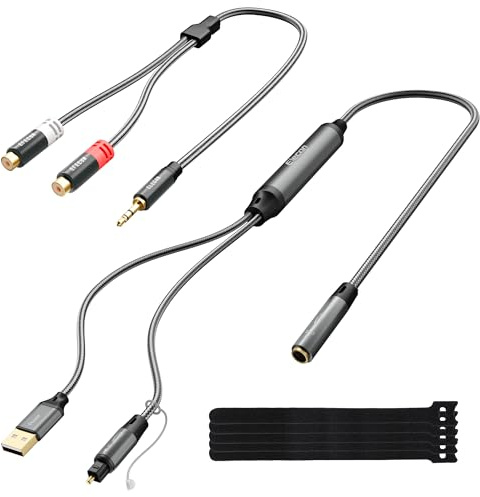 Elecan Unidirectional Optical Male to 3.5mm AUX Female Audio Converter Cable 1.5 Ft, 192kHz DAC SPDIF/Toslink Digital to Analog Adapter for TV/PS4/DVD to Sound Bar Headphone+Ties &AUX to 2 RCA Adapter