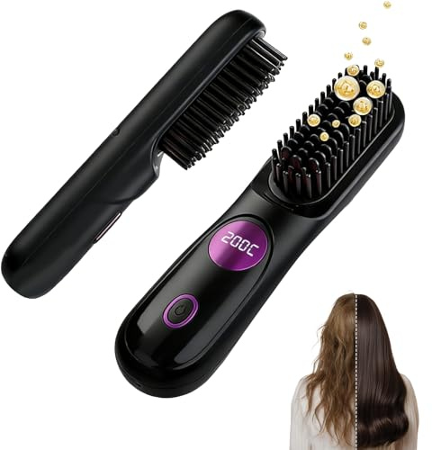 Go Brush Pro, 2026 Upgraded Go Brush Pro, Portable Straightener Brushs for Travel, Cordless Fast Heating Hair Straightener with LCD Temperature Display (Black)