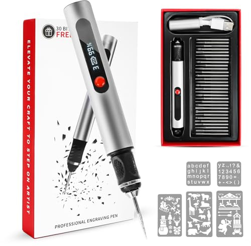 Lápiz de grabado recargable, kit de herramientas de grabado, lápiz de grabado inalámbrico eléctrico con 30 bits y 5 plantillas de grabado para joyería, metal, cristal, plástico
