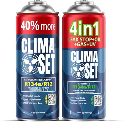 CLIMASET - 4-I-1 Luftkonditioneringspåfyllningsgas R134a, Olja, Läckagetätningsmedel Med UV-Färg + R134a-Gas - AC-Gaspåfyllnings- och Läckagedetekteringssats