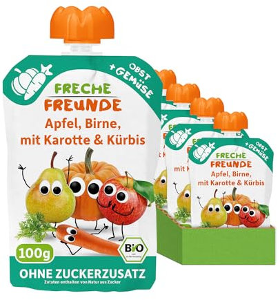 FRECHE FREUNDE Bio Quetschie Apfel, Birne, Karotte & Kürbis, Fruchtmus mit Gemüse im Quetschbeutel für Babys ab dem 6. Monat, vegan, 6er Pack (6 x 100g)