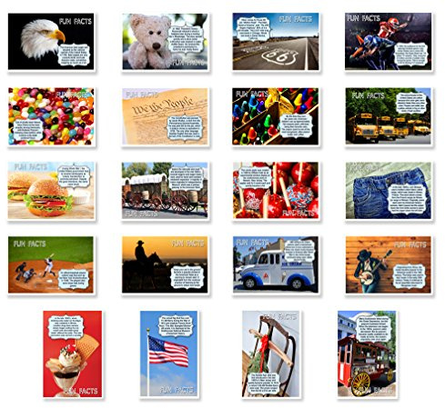 AMERICANA FUN FACTS postcard set of 20 postcards. Iconic America and American culture post card variety pack. Made in USA.