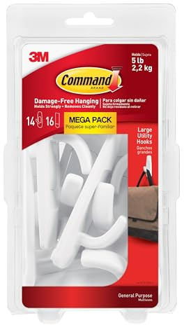 Command 5 lb Large Utility Hooks, 14 Hooks and 16 Strips, Damage-Free Hanging Wall Hook with Adhesive Strips, No Tools Required, Great for Home Kitchen Office Organization