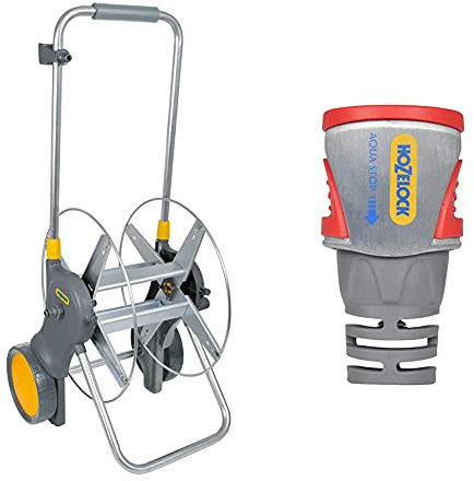 Hozelock 2460 0000 90m Assembled Metal Hose Cart, Grey & 2035P0000 Pro Metal AquaStop Connector (12.5mm & 15mm), Silver