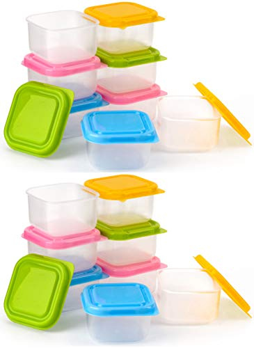 HOMESHOPA Plastic Mini Storage Boxes, 16 Pack Small Baby Weaning Feeding Freezer Food Pots, Airtight Colourful Storage Containers, Stackable Reusbale Pots to Store Fruit, Sauce, Condiments, Snacks