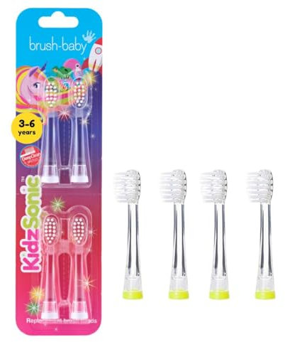 Brush-Baby - Kids Replacement Brush Heads for KidzSonic Electric Toothbrushes, 3+ Years - DeepClean Replaceable Toothbrush Heads with LED - Pack of 4