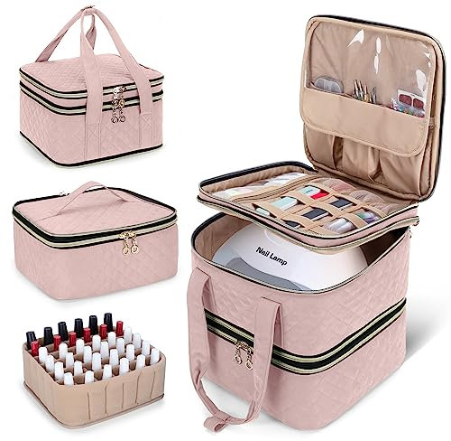 Yarwo Nagellack Aufbewahrung Tasche, Nagellack Organizer für 72 Nagellack (bis zu 15 ML) und Nagellampe, Kosmetikoffer für Nageltrockner und Nagellack Set, Rosa(PATENT ANGEMELDET)