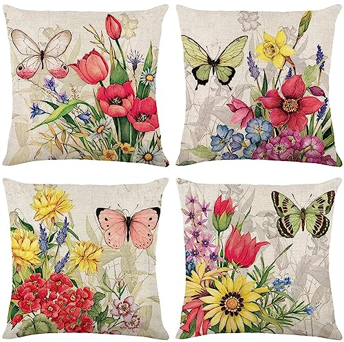 ARNTY Fundas Cojines 45x45, Fundas de Cojines Juego de 4 Modernas Funda Cojin Decorativa Hogar Almohadas Fundas para Sala de Estar Sofá Cama Coche (Flor-Lino)