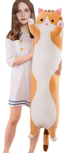 Aiuidun Peluche Chat Long 150cm - Grand Coussin Décoratif Chat pour Canapé, Oreiller Lombaire Super Doux, Peluche Géante pour Adulte, Cadeau Anniversaire Femme Ado (Jaune)