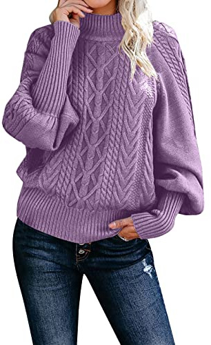 EMUKFD Maglione da donna a collo alto, a maniche lunghe, con lavorazione a cavo, pullover casual a costine, con manica a lanterna, ampia maglia grossa, Viola, M