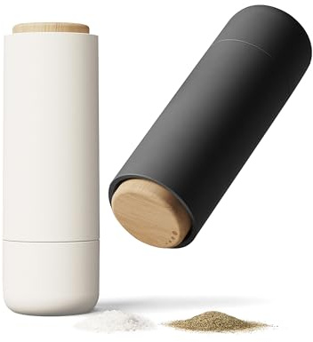 LIBKEN Non-Spill Salt and Pepper Grinder Set - Adjustable Ceramic Grinder - Minimalistic Spice Mill - Easy to Refill Condiments Dispenser - Wood & Soft-Coated Plastic - 6.2 x 2.2 inch (White & Grey)