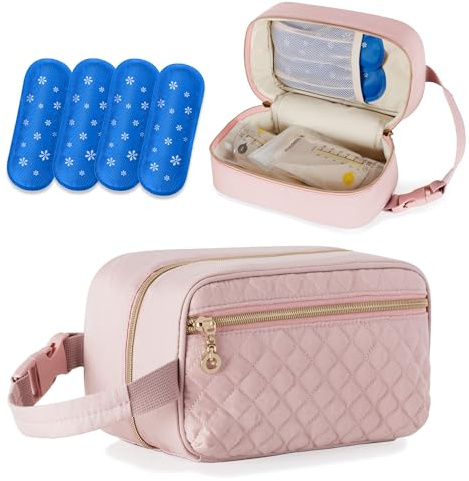 Damero Breastmilk Cooler Bag with 4 Ice Packs -Breastmilk Cooler Travel Bag Organizer with Detachable Buckle Handle for Daycare and Breastfeeding Mom,Pink