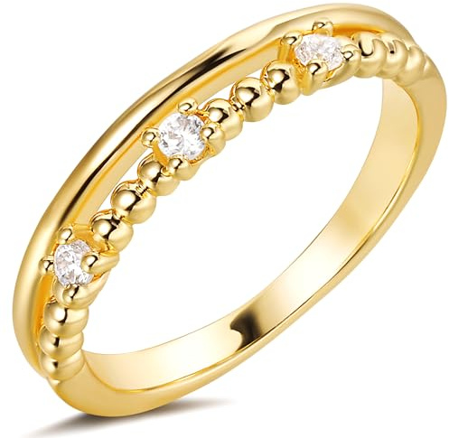 Jenosy Anillo chapado en oro de 14 quilates para mujer, perlas de dos líneas, anillos de circonita cúbica, hipoalergénicos, joyas para mujeres y niñas, talla 6-8, 6, Metal no precioso