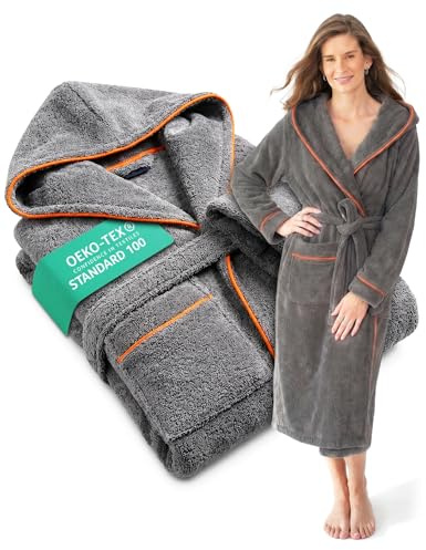 ELEVAVIDA Women's Bathrobe with Hood Made of Cuddly Cotton - Extra Soft and Comfortable - Terry Towelling Sauna Bathrobe Long - Oeko-Tex Certified, Dolphin Grey Orange, XS