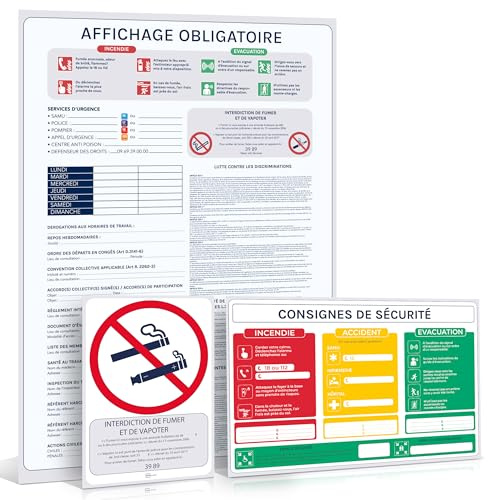 Affichage Obligatoire Entreprise 2026 - Pack Conformité: Panneau A3 Code du Travail + Affiche A4 Consignes Sécurité & Évacuation + Sticker A5 Interdit de Fumer - Kit Adhésif Complet, Fait en France