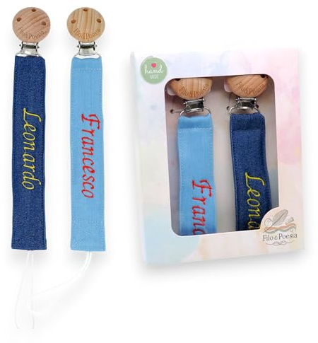 Filo e Poesia Catenella Portaciuccio Con Nome, Personalizzata con nome ricamato, tanti modelli e colori Portaciuccio da poter scegliere, ottima idea regalo per Baby Shower. 2 Pezzi (Blu-Azzurro)