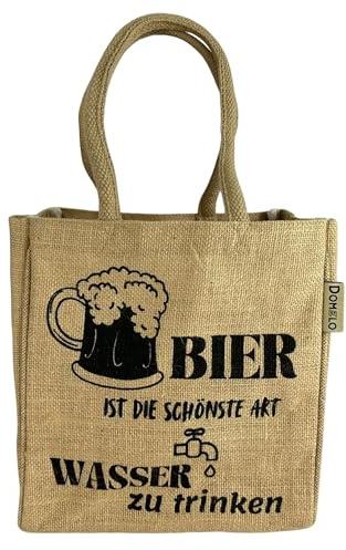 Domelo Bolsa para botellas de yute. Regalos para hombres. Portacervezas/portabotellas con divisores para 6 botellas. Cesta pequeña de la compra. Divertido bolso de cerveza para hombre