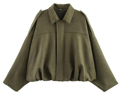 CUFEZN Veste bomber surdimensionnée en daim synthétique pour femme - Manches longues - Style pilote - Automne 2025, Vert kaki, Large