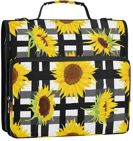 Yellow Sunflower Black White Grid 1.5 Inch 3 Ring Binders Heavy Duty Binder Zipper Organizer Binder with Shoulder Strap for School Portfolio Hold 500 Sheets Holder