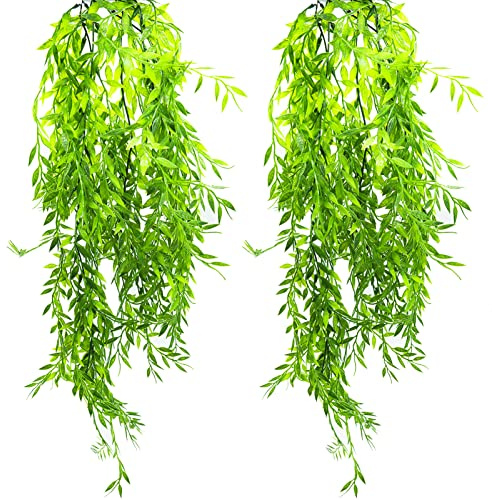 2 Pack Artificial Hanging Plants, Plastic Fake Ferns Ivy Artificial Trailing Plants, Fake Vine Hanging Basket, Faux Plant with Willow Leaves for Indoor Outdoor, Garden, Bedroom, Wall Decoration