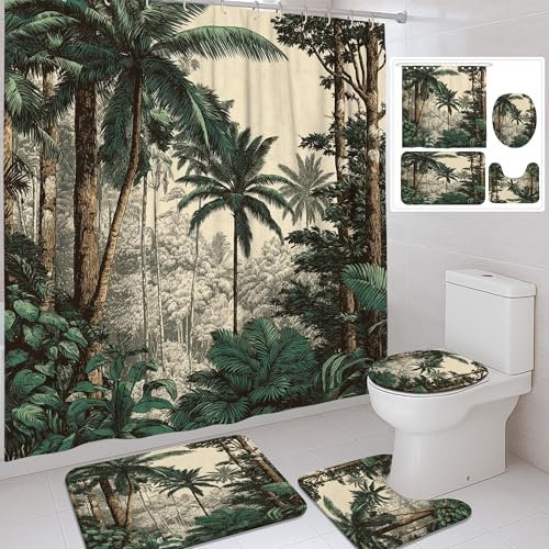 Tropical Jungle Shower Curtain Set, Green Beige Palm Leaves Bath Mat Rugs Accessories for Bathroom Decor, Summer Exotic Waterproof Fabric Curtain Set with Hooks 72x72 Inch