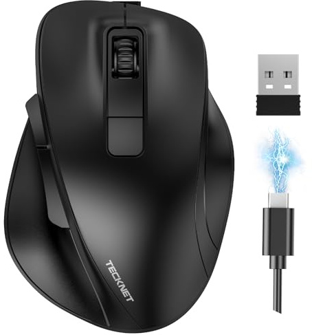 TECKNET Ratón Ergonómico Inalámbrico, Ratón Bluetooth Recargable con 3 Dispositivos (BT 5.0/3.0+2.4G), 4800DPI Mouse Silencioso con Reposapulgar para Portátil, Mac y PC, Negro