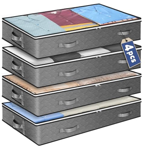 Lychico 90L Underbed Storage Bags 4 Pack, Extra Large Flat Storage Organiser Box with Clear Window & Handles, 100x50x15cm Breathable Fabric for Duvets, Bedding, Seasonal Clothes, Wardrobe