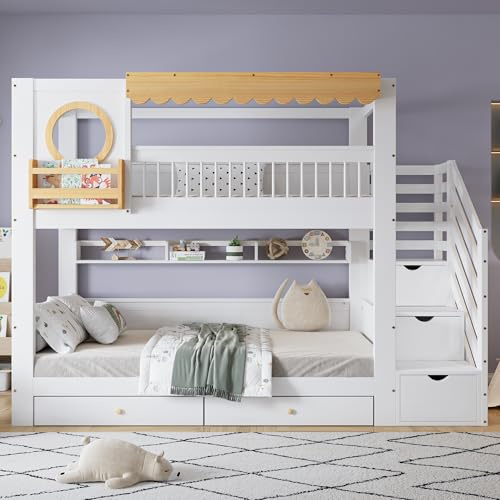Kebnor Letto a castello, letto per bambini, due cassetti portaoggetti con ruote, con armadio a scale, con una serie di ripiani lunghi 2 metri, ripiano laterale, pino + MDF, bianco + naturale, 90 x 200