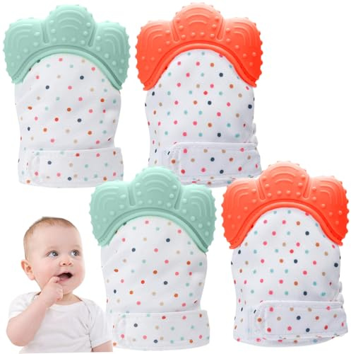Teething Mittens 2 Pairs Adjustable Silicone Baby Teething Mitten Built-in Phonic Membranc Sensory Stimulating Glove for 3-6 Months Baby Product