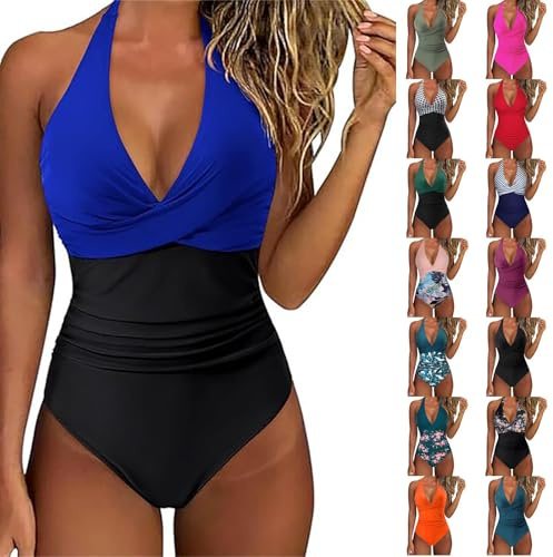 Maillot de Bain Femme 1 Pièces Sexy Col en V Contrôle du Ventre Push Up Rembourré Maillots Une Pièce Dos Nu Croisé Froncé Vintage Amincissant Swimsuit Plage Été Bleu Roi, L