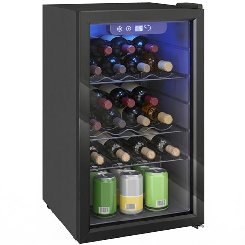 HOMCOM Cave à Vin 24 Bouteilles 68L Température Réglable 4-16 °C Noir | Réfrigérateur à Vin et Boissons, Porte Réversible Verre Trempé Double, Éclairage LED, Écran Tactile, Étagère Amovible