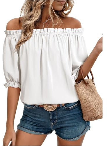 SCBFDI Top Femme Sexy Manche Courte Chemisier Mode Epaules Denudees Uni | Plissé Col V Ample Confortable Scolaire Shirt