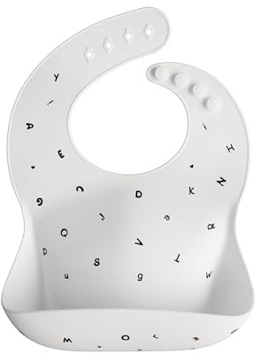 mushie Babero de Silicona para Bebés | Baberos de Alimentación con Bolsillo | Fáciles de Lavar | 4 Tamaños Ajustables | Sin BPA | Accesorio Durable para Niños Pequeños y Niñas | White Letters