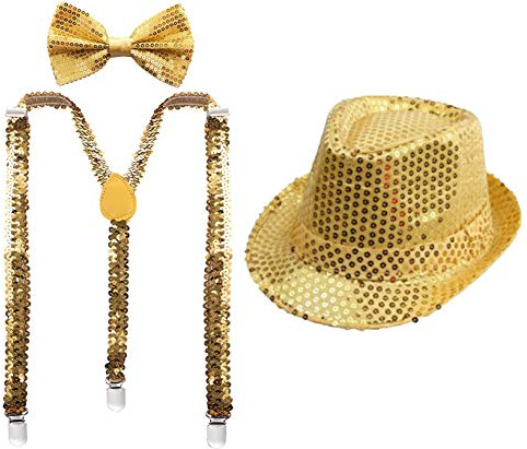 Juego 3 de Tirantes Elásticos Pajaritas Ajustables y Sombrero de Copa de Lentejuelas Brillantes para Niños Disfraz de Fiesta Carnaval Halloween Navidad (Dorado, Pack con Sombrero/54cm)
