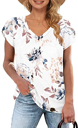 WNEEDU Camiseta Mujer Manga Corta de Pétalo Top Cuello en V Casual Blusas Básico Camisa Blanco Floral L