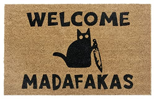 Hanse Home Kokos Fußmatte für Innen - Schmutzfangmatte Natur, Kokosmatte Katze Welcome Madafakas, Fußabtreter Wetterfest und rutschfest für Flur, Terrasse, Eingangsbereich - 45x75cm