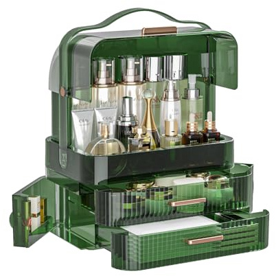 LINFIDITE Cosmetics Storage Box Transparent Lid Large Makeup Organizer Box Drawers Portable Handle Waterproof Dustproof Skincare Display Cases for Countertop, Bathroom, Dresser,Gift Clear Green