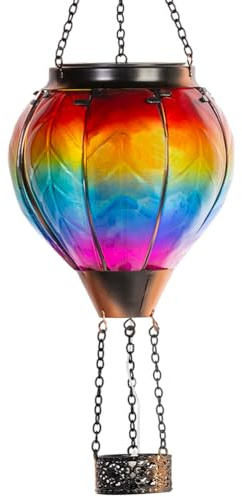 Starsoul Hot Air Balloon Solar Lantern with Candle Holder Flickering Flame Hanging Garden Light Waterproof Glass Solar Lanterns Outdoor Waterproof Decorative for Lawn Porch Tree Yard