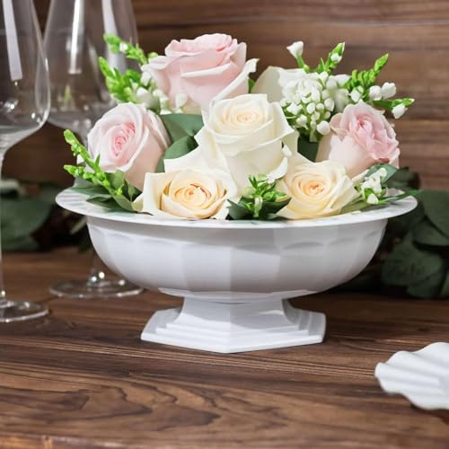 Efavormart 3 Pack White Roman Style Footed Compote Bowl Flower Vase, Round Decorative Plastic Planter Pedestal Vase Centerpiece - 10