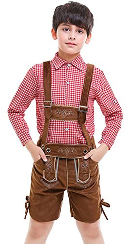 Lederhose kinder Tracht, Trachtenhose kinder Kurz Trachtenlederhosen für Jungen inkl.Trachten Hemden mit Passenden Trägern Bayerische Traditionelle Lederhosen Trachte Hose für Oktoberfest Outfit