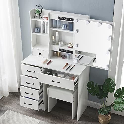 Buildonely Sminkbord för flickor, vitt sminkbord med Hollywood spegel et 10 LED-lampor, justerbar ljusstyrka, sminkbord med 6 lådor, 1 pall, vit