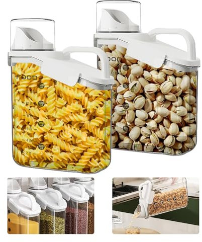LANGMINGDE Lot de 2 grands récipients hermétiques pour céréales, 2 L, pour aliments secs avec bec verseur, tasse à mesurer pour collations, céréales, riz, distributeur sans BPA