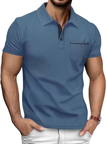 HMIYA Poloshirt Herren Kurzarm T-Shirts mit Tasche Polo Klassisches Sommer,Blau,XL