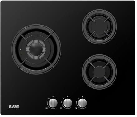 Svan Encimera de Gas SGW3601N. 3 Quemadores, Integrable, Quemador WOK triple llama, Acabado en Cristal negro