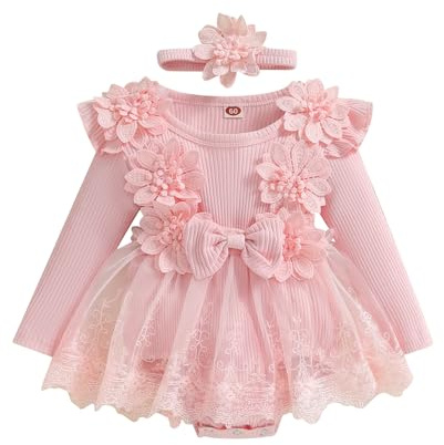 Himllauen Set Tutina per Neonata Pagliaccetto Bambina 3D Fiocco a Fiori Tinta Unita Maniche Lunghe Abito in Rete Tuta Fascia per Capelli Adorabili Autunnali a Costine (Rosa, 1-3 mesi)