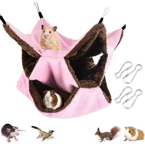 QEEROYO Meerschweinchen Hängematte, Hängematte für Kleintiere, DREI Schichten Hängematte Meerschweinchen, Weicher Plüsch Ratten Hängematten, Käfig Hängematte Set, für Ratten, Hamster, Rosa
