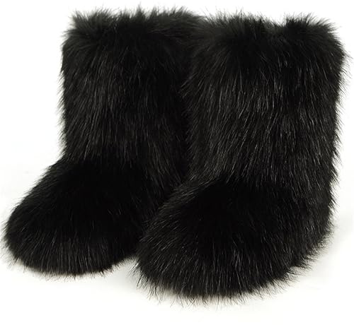 GANGYIMUNE Faux Fur Boots for Women,Winter Furry Fuzzy Mid Calf Black Brown Snow Boots for Women Fur Lined Short Fluffy Boots y2k (black, 9)