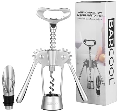 Barcool Premium Wine Bottle Opener – Wing Corkscrew with Pourer & Stopper – Alloy Multifunctional Opener for Corks and Caps - 3 in 1 Wine Gift Set for Home, Bar & Special Occasions