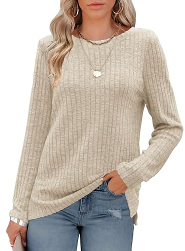 Odosalii Womens Tops Crewneck Long Sleeve Jumper Shirts Pullover Sweaters | Casual Striped Ribbed Side Split Comfy Solid Color Jumpers