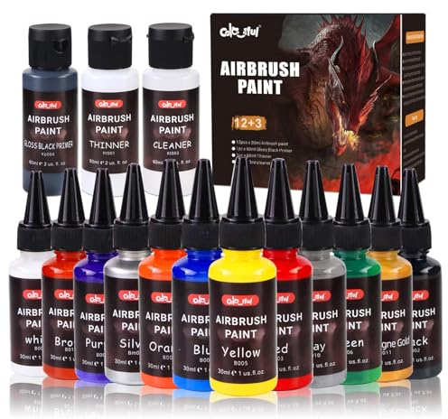 Colorful 12 Colors Airbrush Paint, 30ml Air Brush Paint Set with 60ml Thinner & Cleaner、Black Primer, Ready to Spray Acrylic Paint, Water-Based Air Brush Painting Set for Artist & Beginner